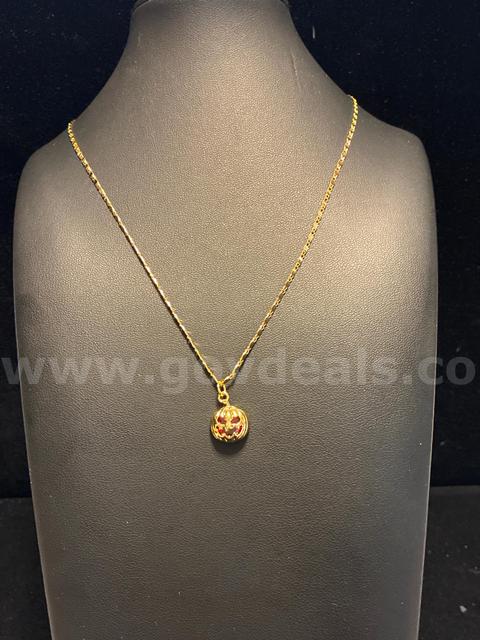 Spooky, 24K Gold Filled, CZ Ruby Jack O Lantern Pendant W/ 18” Mariner Necklace.