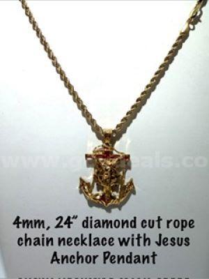Beautiful, Jesus Anchor Pendant, W/4MM, 24 Inch, 24k Gold Filled, Diamond Cut Rope Chain