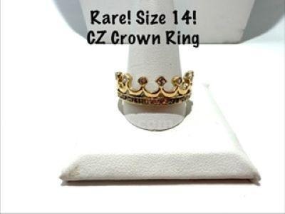Rare! Size 14, Men's, 24k Gold Filled, Cubic Zirconia Diamond, Crown Ring