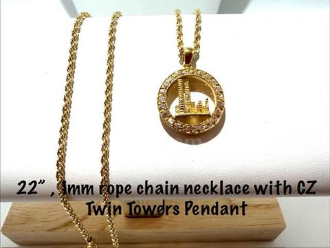 Gorgeous, Unforgettable, CZ Twin Towers Pendant on a 1MM, 22", 24k Gold Filled Rope Chain