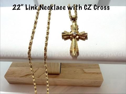 Beautiful, 24k Gold Filled, CZ Diamond Cross Pendant, on a 22 Inch Link Chain Necklace