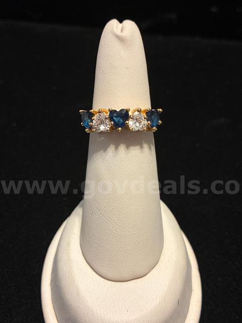 Ladies, Size 7, 24k Gold Filled, Sapphire & Diamond CZ Heart Five-Stone Ring.