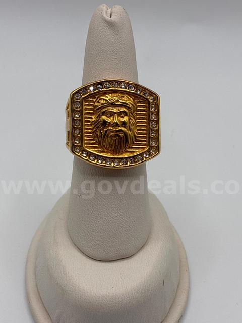 Gorgeous, Men's, 24k Gold Filled, Size 9, Modern Jesus Head Pavé Signet Ring.
