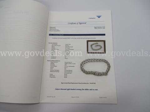 10k White Gold Mens Diamond Encrusted Cuban Link Bracelet 49.78g w/Appraisal