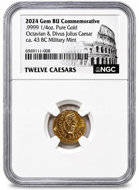 Stunning 1/4 oz. 9999 Pure Gold Coin| Twelve Caesars Series Octavian & Divus Julius Caesar- NGC Certified