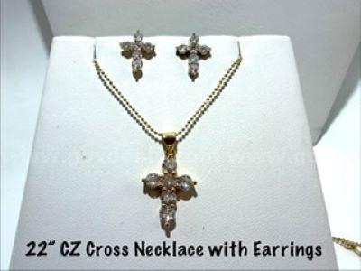 Beautiful, 22 Inch, CZ Diamond Cross Necklace W/Matching Earring Set 24k Real Go