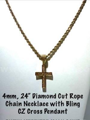 Beautiful, 4MM, 24" 24k Gold Filled, Diamond Cut Rope Chain W/Large CZ Bling Bling Cross