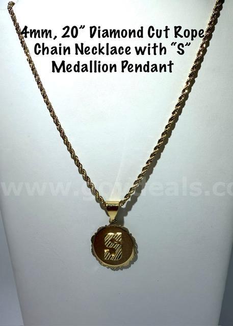 Beautiful, "S" Initial Medallion Pendant, W/4MM, 20β, 24k Gold Filled, Diamond Cut Rope Chain