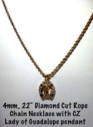 Attractive, CZ, Diamond, Lady of Guadalupe Pendant, W/4MM, 22β, 24k Gold Filled Diamond Cut Rope Chain