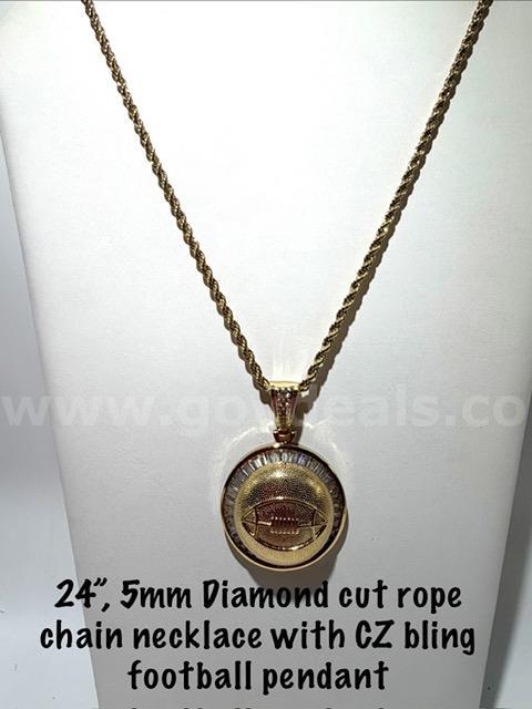 Gorgeous, Cubic Zirconia, Diamond, Football Medallion, W/5MM, 24 Inch Diamond Cut Rope Chain