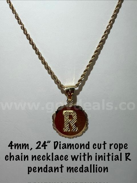 Beautiful, "R" Initial Medallion, W/24k Gold Filled, 4MM, 24 Inch Diamond Cut Rope Chain