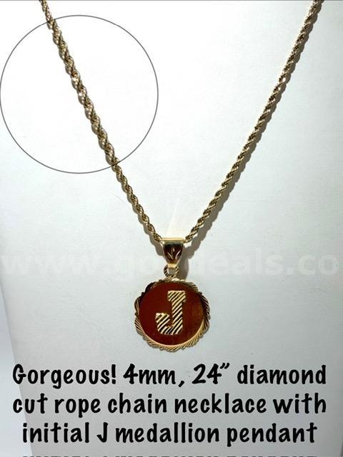 Beautiful "J" Initial Medallion, on a 4MM, 24 Inch, Diamond Cut, 24k Gold Filled, Rope Chain
