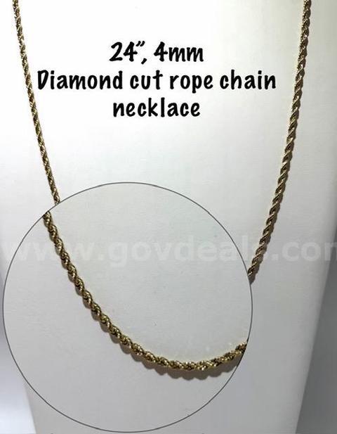 Stunning, 24 Inch, 4MM, Diamond Cut, 24k Gold Filled, Rope Chain Necklace