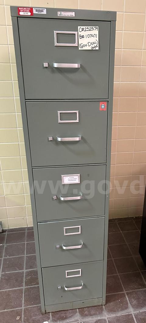 A lot of two (2) Metal Vertical File Cabinets, 5 drawers: one green and one gray