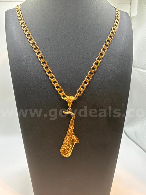 24β Flat Curb Link Chain, W/ 3β Saxophone Pendant. 24k Real Gold Filled.