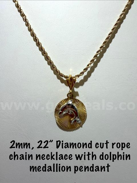 2MM, 22 Inch, 24k Gold Filled, Diamond Cut Rope Chain W/Dolphin Medallion Pendent