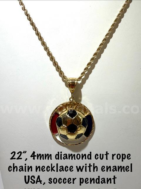 Beautiful, Unique, 24k Gold Filled, USA Soccer Pendant, W/4MM, 22” Diamond Cut Rope Chain