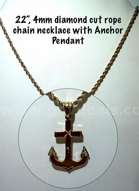 Beautiful, 24k Gold Filled, Diamond Cut Anchor Pendant, W/4MM, 22 Inch, Rope Chain Necklace