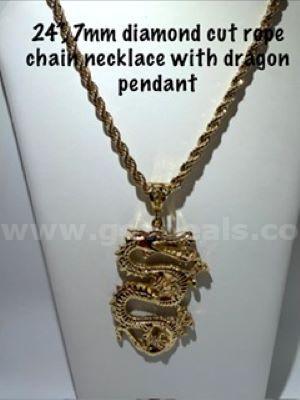 Large, Attractive, 24kt Gold Filled, Dragon Pendant, W/7MM, 24", Diamond Cut Rope Chain