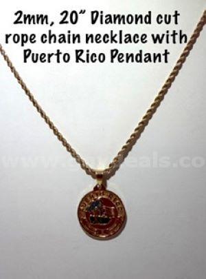 20β, 2MM, 24kt Gold Filled, Diamond Cut Rope Chain W/Enamel Puerto Rico Pendant