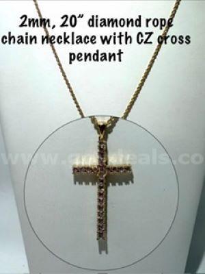 Gorgeous, 24kt Gold Filled, Cubic Zirconia Diamond, Bling Bling Cross, W/2MM, 20”, Diamond Cut Rope Chain