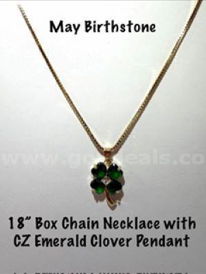 Beautiful, Cubic Zirconia Emerald Clover Pendant, W/18 Inch, 24kt Gold Filled Box Chain