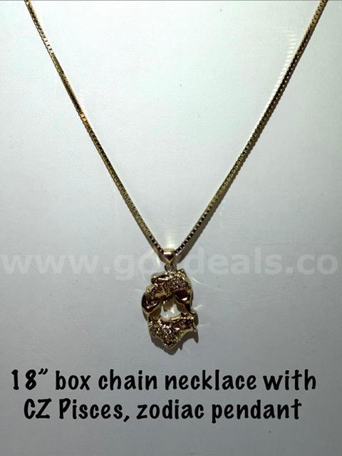 Gorgeous, 24kt Gold Filled, CZ Pisces Zodiac Pendant, W/18" Box Chain