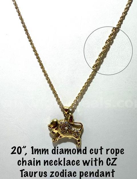 Beautiful, 20 Inch, 1MM, Diamond Cut, 24kt Gold Filled, Rope Chain, W/CZ Taurus Zodiac Pendant