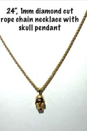 Stunning, 1 MM, 24 Inch, Diamond Cut, 24kt Gold Filled, Rope Chain W/Skull Pendant