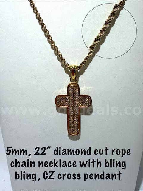 Gorgeous, CZ Diamond, Bling Cross, W/5MM, 22”, Diamond Cut, 24kt Gold Filled, Rope Chain