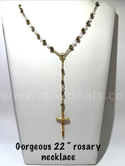 Beautiful, 24kt Gold Filled, 22 Inch, Cubic Zirconia, Rosary Necklace