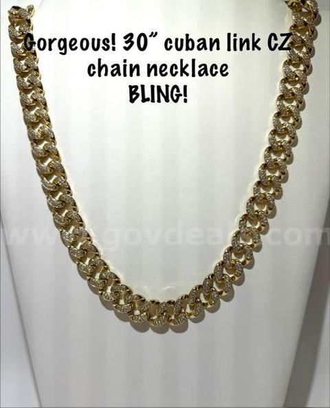 Stunning, 30 Inch, 24kt Gold Filled, CZ Bling Cuban Link Chain (Heavy) (Free Shipping W/Buy It Now)