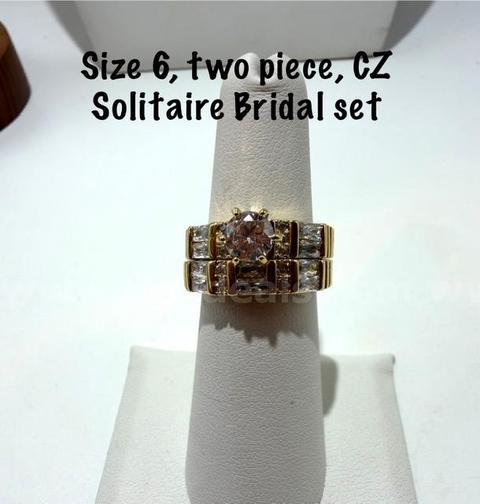 Beautiful, 2 PC, 24kt Gold Filled, Ladies, Size 6, CZ Diamond Solitaire Bridal Ring