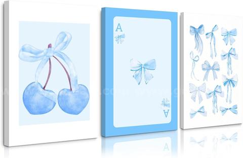 Brand New - Set of 3 Preppy Bow Wall Art Decor Blue Aesthetic Canvas 16x24 Inch Framed - Shipping Available