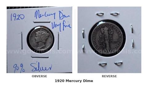 1920 Mercury Dime — Very Fine, Philadelphia Mint, 90% Silver