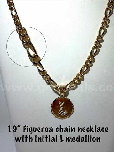 Gorgeous, 19 Inch, 24kt Gold FIlled, Figueroa Chain W/Initial "L" Medallion