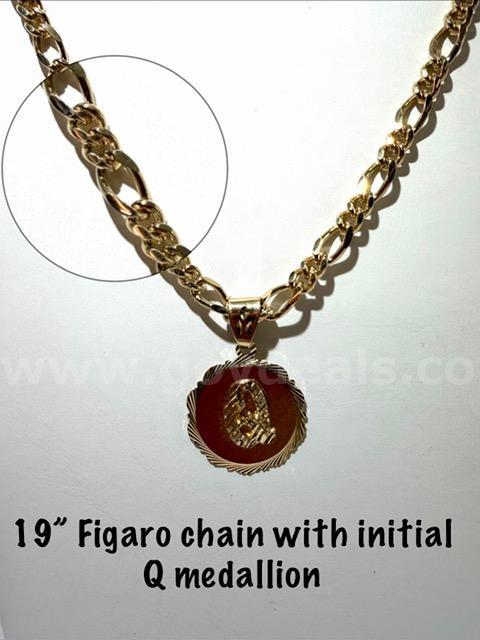 Beautiful, 24kt Gold Filled, 19", Figaro Chain Necklace W/Initial "Q" Medallion