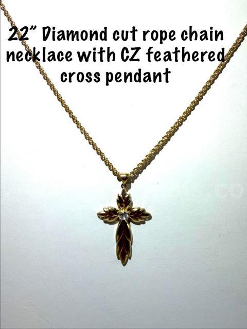 Adorable, 1MM, 22 Inch, 24kt Gold Filled, Diamond Cut Rope Necklace W/CZ Feathered Cross Pendant