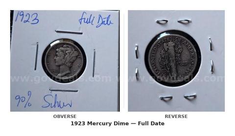 1923 Mercury Dime — Full Date, Philadelphia Mint, 90% Silver