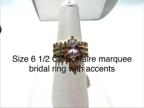 Amazing, Ladies, Size 6 1/2, 24kt Gold Filled, 3 Carat CZ, Marquee Diamond Bridal Ring W/Accents