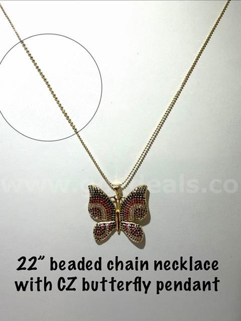 Exquisite, 22 Inch, Beaded, 24kt Gold Filled Necklace, W/CZ Stone Butterfly Pendant