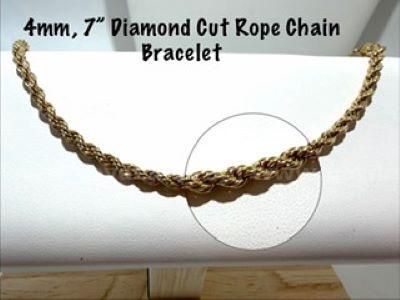 Radiant, 4MM, 7β, Diamond Cut, 24kt Gold Filled, Rope Chain Bracelet