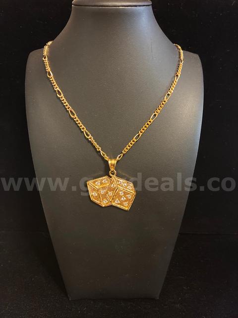 Gorgeous, 24”, Figaro Chain Necklace W/ 1 3/4” CZ Dice Pendant, 24K Real Gold Fi