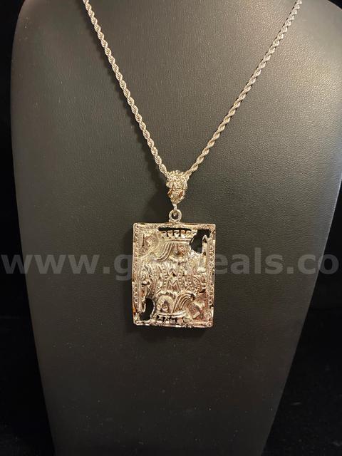 Gorgeous , 2mm , Rhodium Clad (Silver), 24” French Rope Chain, W King of Cards Pendant.