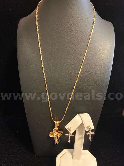 Beautiful 20” CZ Cross Necklace Set CZ, Earrings 24K Real Gold Filled.
