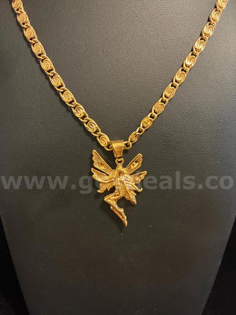 Beautiful, 24”, Diamond Cut Scroll Necklace w/ 1 3/4” Fairy Pendant, 24K Gold Filled.