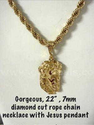 Dazzling, 7MM, 22β, 24kt Gold Filled, Diamond Cut Rope Chain, W/Jesus Pendant