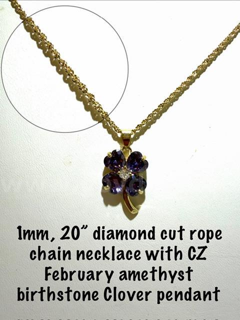 Dazzling, February CZ Birthstone Clover Pendant, W/1MM, 20 Inch, 24kt Gold Filled, Diamond Cut Rope Necklace