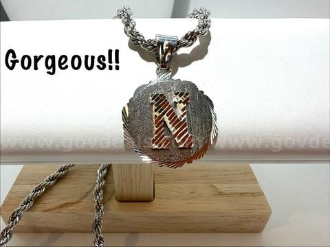Lovely, 5MM, 24 Inch, Rhodium Filled, Diamond Cut Rope Chain W/Initial "N" Medallion