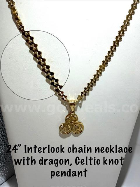Gorgeous, 24 Inch, Interlocking, 24kt Gold Filled Chain W/Dragon Celtic Knot Pendant